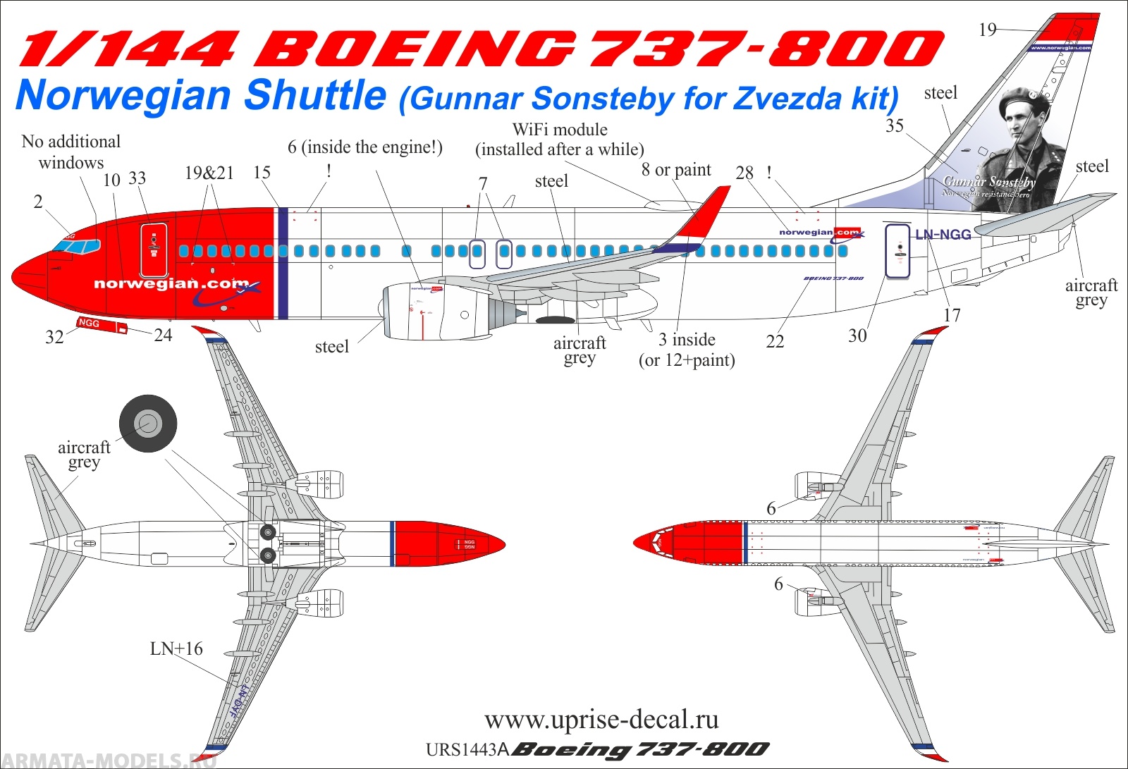 URS1443a Декали для Boeing 737-800 Norwegian Shuttle LN-NGG (Gunnar Sonsteby) with stencils