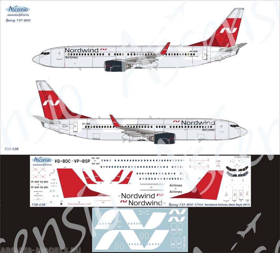 738-036 Декаль для самолета Boeing 737-800 Nordwind Airlines new 1/144