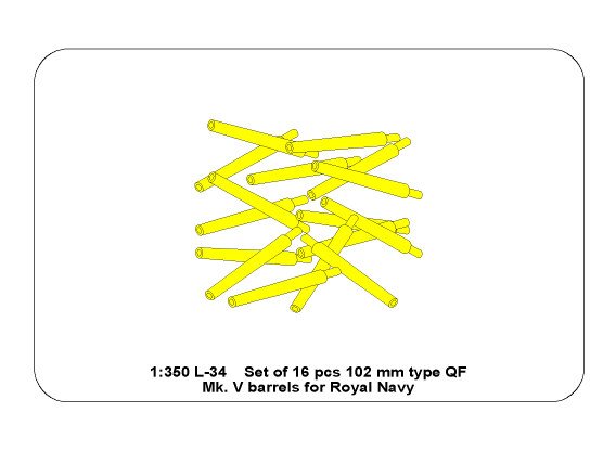 ABR-1:350-L-34  Дополнения для  Set of 16 pcs 102 mm QF Mk.V barrels for Royal Navy ships для  1/350