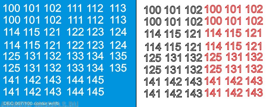 DEC007/100 Номера на немецкую технику масштаб 1/100 с 100 по 400. Цвет – красный/черный контур на выбор + белый центр