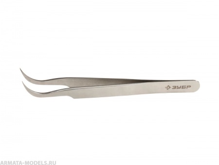 Пинцет ЗУБР д/электроники и точной механики, нерж. сталь, антимагнит, изогнутый, заостренные губки, 110мм